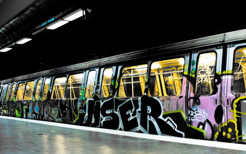 mode of transportation, graffiti, window, passenger train, assorted, land vehicle, railroad station, 1080P, train, railroad station platform, subway train