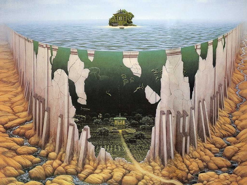 Jacek Yerka, tranquility, water, nature, travel, beach, land, cliff, scenics - nature, travel destinations, artwork, beauty in nature, architecture, sky