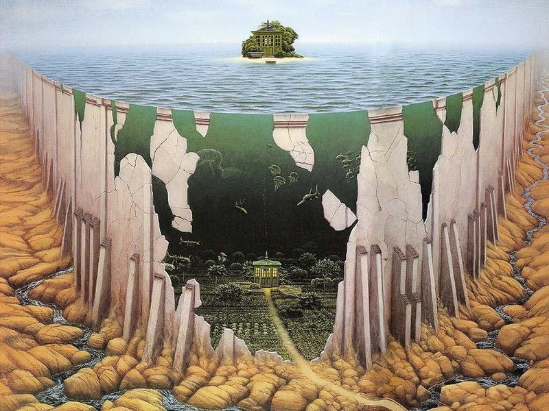 480P, island, Jacek Yerka, artwork, cliff, sea