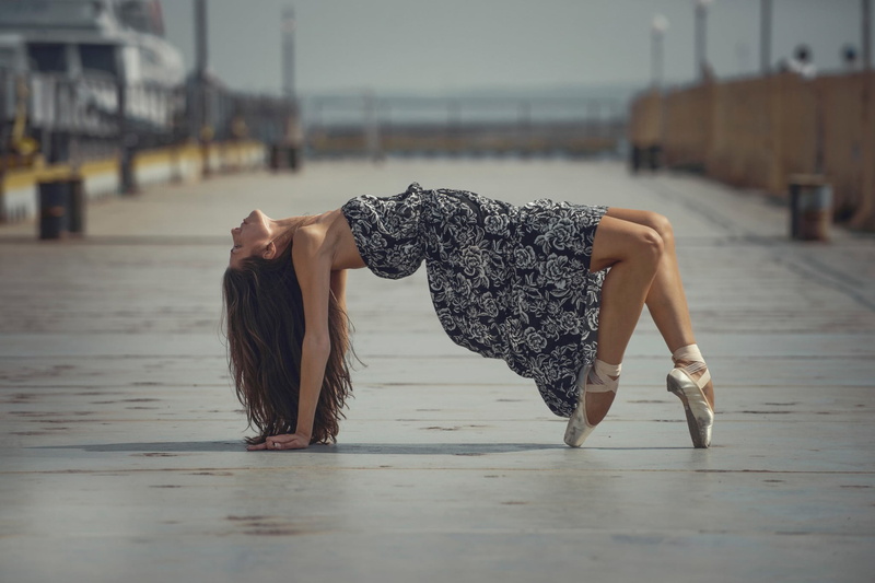 1080P, ballet slippers, dress, brunette, looking up, road, long hair, women outdoors, ballerina