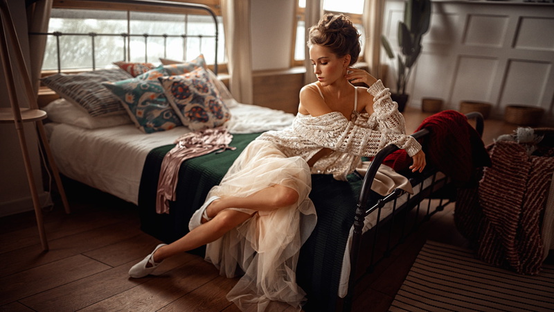 Georgy Chernyadyev, bed, bedroom, women, model, Fenix Raya, indoors, dress, 1080P, in bed, women indoors, sweater, ballet slippers, brunette, profile