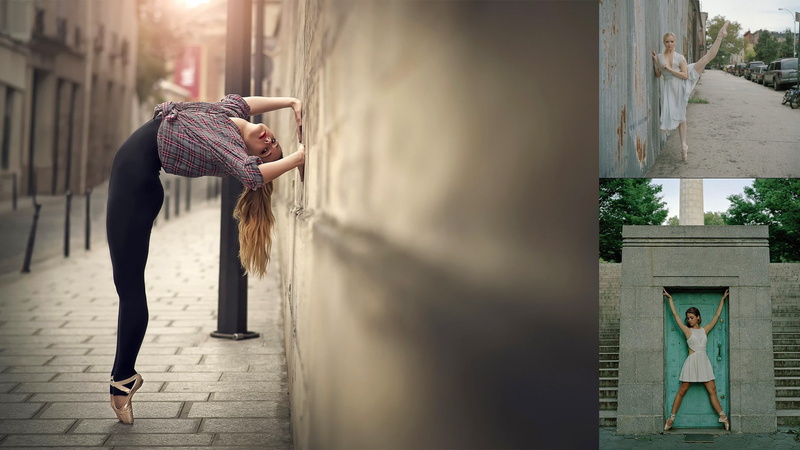 1080P, ballerina, women outdoors, blonde, ballet slippers, stretching, urban, collage