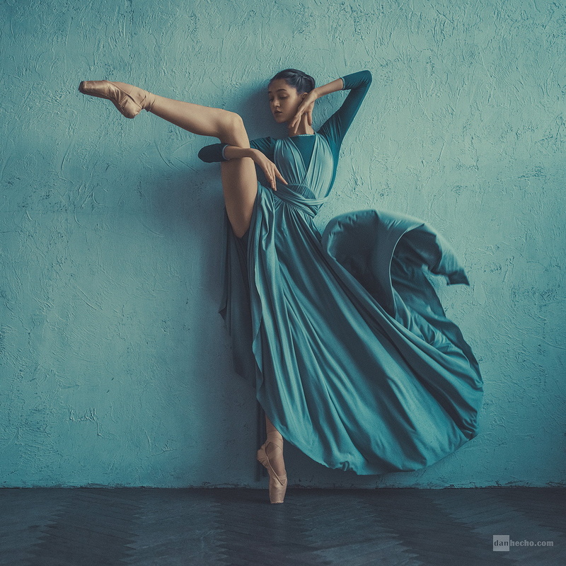 dark hair, 720P, legs up, blue dress, dress, indoors, Dan Hecho, legs, arms up, women indoors, ballerina, ballet slippers, 500px