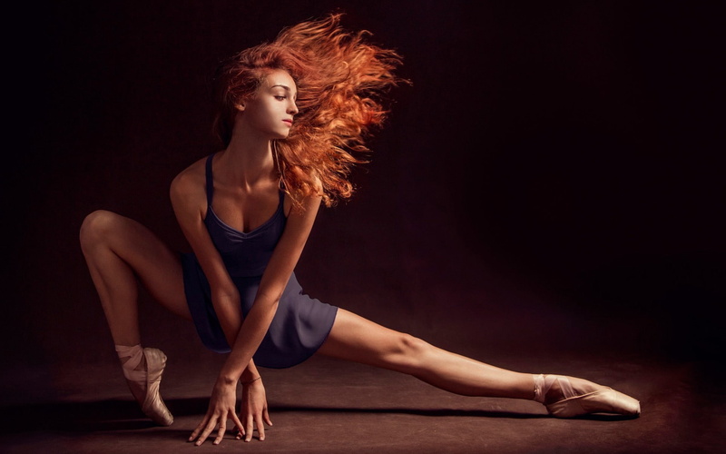 Bare Legs, Stretching, Long Hair, Wavy Hair, Blue Dress, women, ballerina, redhead, model, 1080P, Bare Shoulders, ballet Slippers