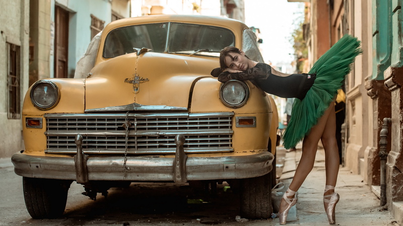tutu, urban, 4K, vehicle, legs, car, women outdoors, tiptoe, ballet slippers, model, yellow cars, old car, women, brunette, dancer, Cuba, bent over, street