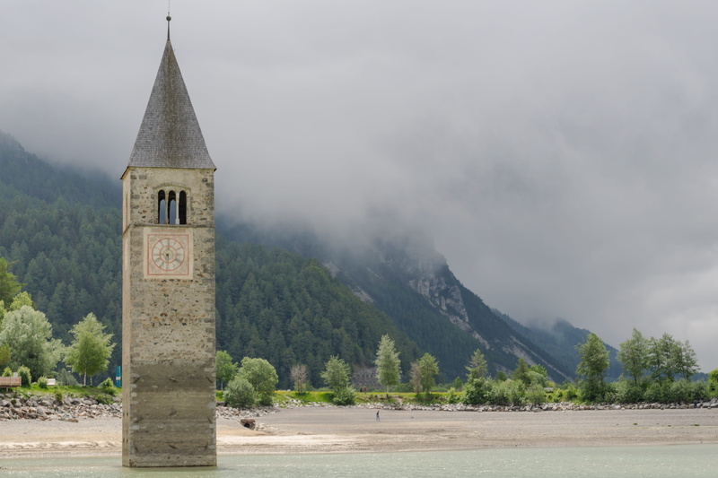 mood, architecture, outdoors, day, place of worship, cloud - sky, plant, 5K, tower, vacations, sky, spirituality, spire, landscape, fog, south tyrol, tranquility