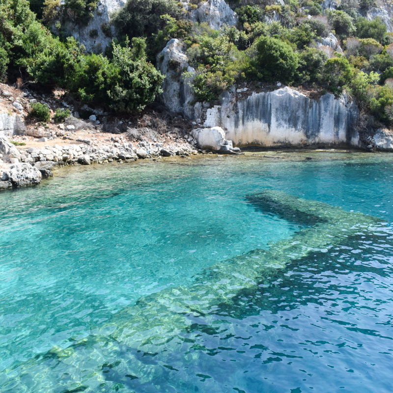 sea, idyllic, rocks, water, shallow, kekova, non-urban scene, rock - object, tourism, solid, land, wall, ruin, tranquil scene, turkey, no people, scenics - nature