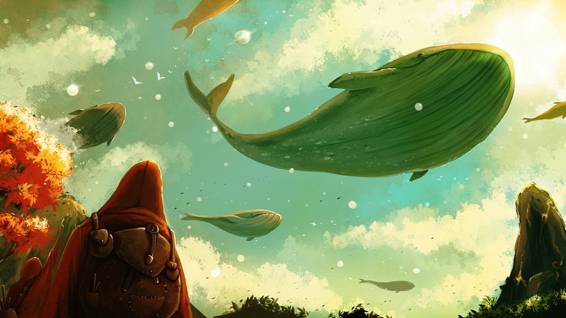 birds, watercolor, whale, clouds, fantasy art, sky, 1080P
