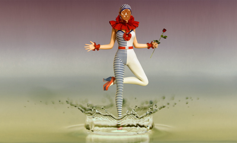 hand, water, one person, nature, harlequin, sport, inject, sky, full length, digital composite, crown, mirroring, 5K, woman, dress, black, drip, studio shot