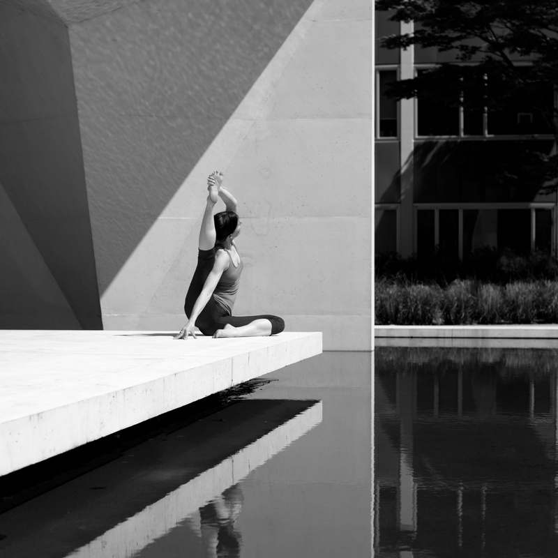 photo, relaxation, reflection, grayscale, fitness, women, young adult, sunlight, person, woman, lifestyle, city, building, adult, meditation, day, swimming pool