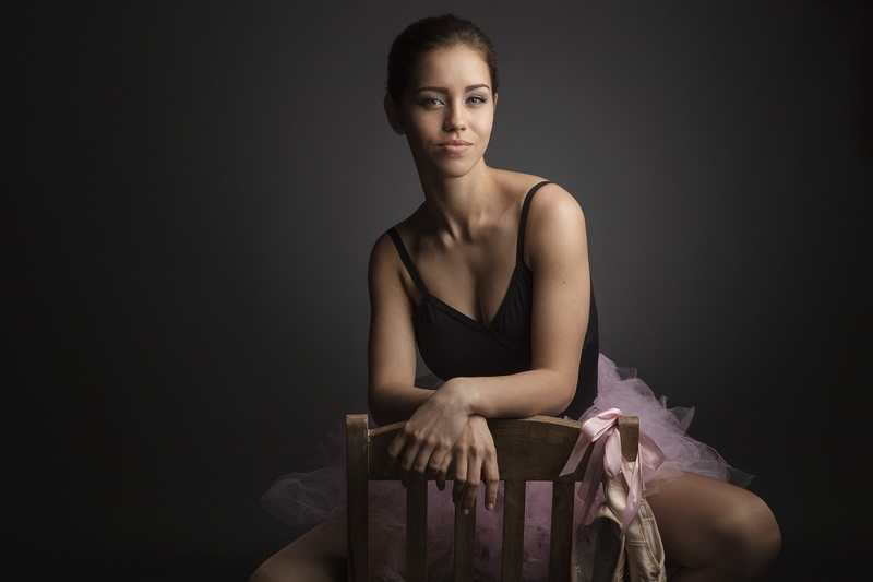 studio shot, beauty, dancer, young adult, chair, adult, sitting, beautiful woman, model, portrait, three quarter length, ballerina, young women, hairstyle