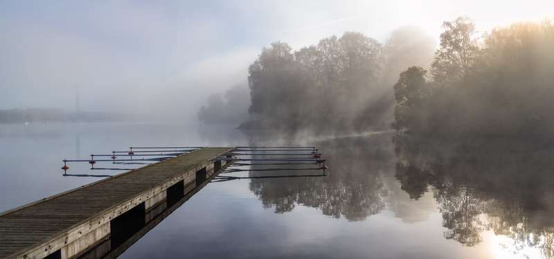 Sweden, Mist, Dimma, Djurgården, photo, Panorama, Jetty, Fog, Stockholms län, boardwalk, Djurgårdsbrunnsviken, surrounded, trees, Sverige, 5K, gray, Höst