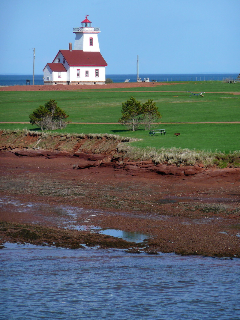 lighthouse, sea, canada, building, land, red soil, outdoors, building exterior, built structure, prince edward island, landscape, water, day, waterfront