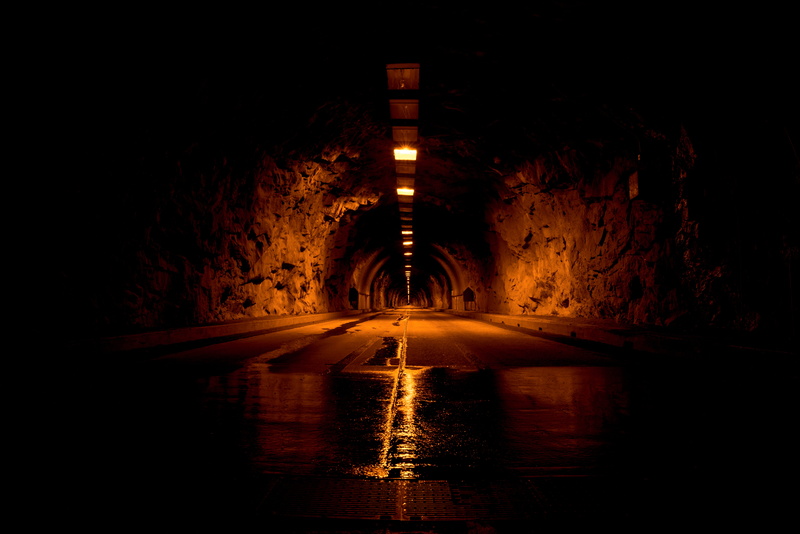5K, sign, wet, night, water, direction, dark, road, reflection, lights, dim light, architecture, tunnel, area, outdoors, light, passage, passageway, light at the end of the tunnel