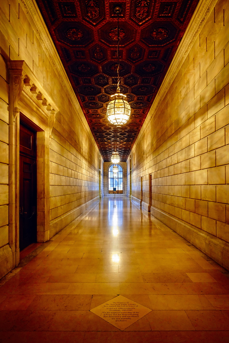 hall, new york public library - stephen a. schwarzman building, ceiling, the past, built structure, electric lamp, passageway, united states, brick wall