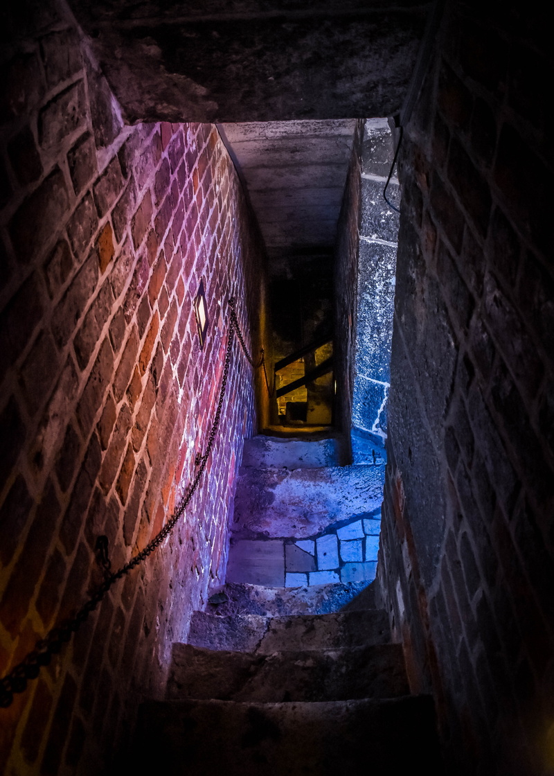 temple, built structure, building, stairs, ceiling, old, wall - building feature, staircase, architecture, empty, stone wall, illuminated, the past, high angle view