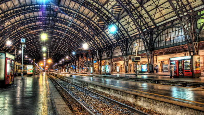 travel, city, passageway, horizontal surface, ceiling, railroad station platform, railroad track, railroad, speed, night, rail, architecture, arch, motion