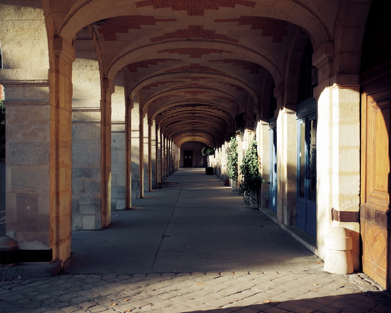 classic, architectural column, building, direction, indoors, arcade, place des vosges, paris, ceiling, the past, walk, lit, arches, morning, built structure