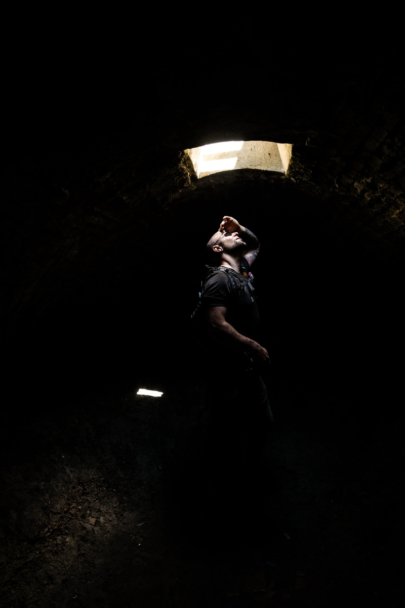 male, full length, night, looking up, man, dark, front view, indoors, glasses, tunnel, human, contemplation, window, people, young adult, men, calke abbey