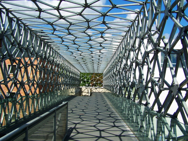 metal, built structure, bridge, walking, footpath, day, incidental people, indoors, passageway, bridge - man made structure, ceiling, metal construction