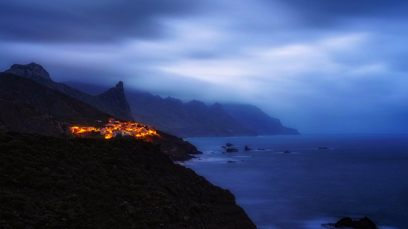 mist, 720P, Tenerife, nature, landscape, lights, village, rock, evening, coast, long exposure, water, sea, cliff