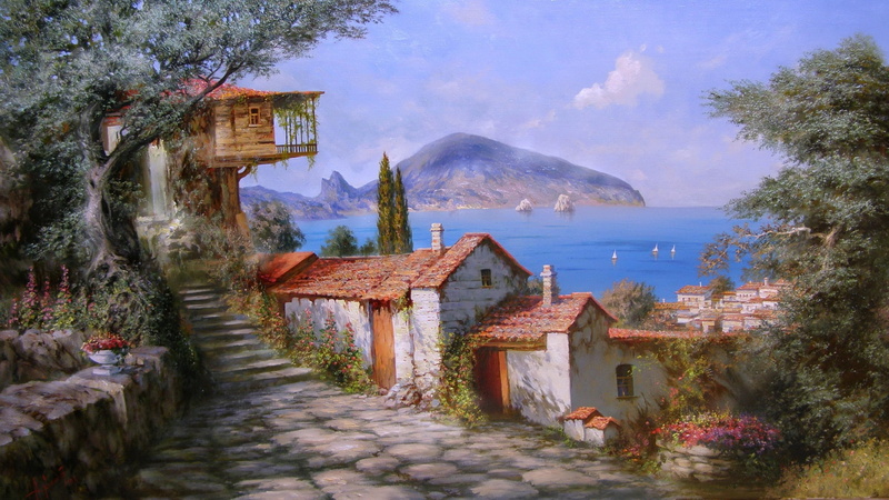artistic, village, nature, painting, sea, art, home, 4K