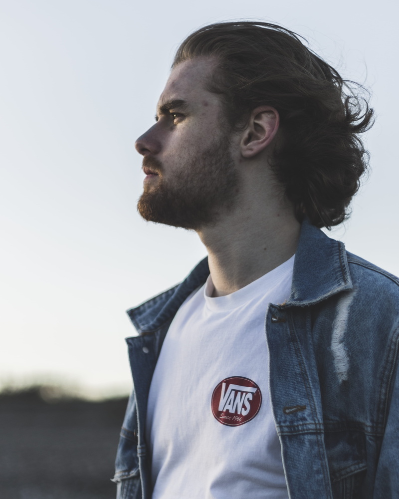 sky, wear, pose, beard, white shirt, denim jacket, men, denim, button, 4K, one person, standing, looking away, contemplation, casual, facial expression
