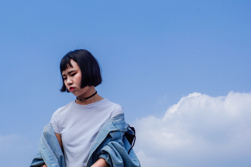 white, looking, portrait, blue, bangs, profile, person, hair, neck, waist up, cloud - sky, cloud, fashin, cloudy, beautiful woman, stare, hairstyle, teenager