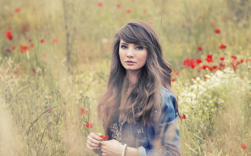 brunette, long hair, poppies, standing, land, portrait, model, looking at camera, lifestyles, young adult, nature, real people, beauty, beautiful woman