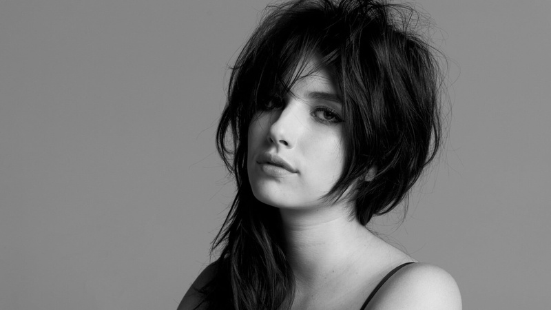 brunette, portrait, simple background, child, copy space, gray background, close-up, looking at camera, long hair, photo, Emma Roberts, grayscale, one person