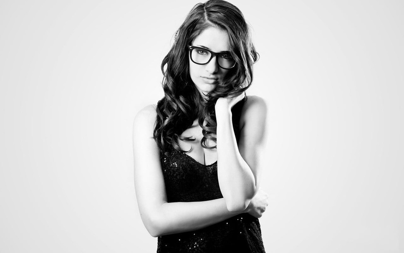 monochrome, teenager, one person, young women, glasses, white background, women, model, eyeglasses, studio shot, looking at camera, Susan Coffey, simple background