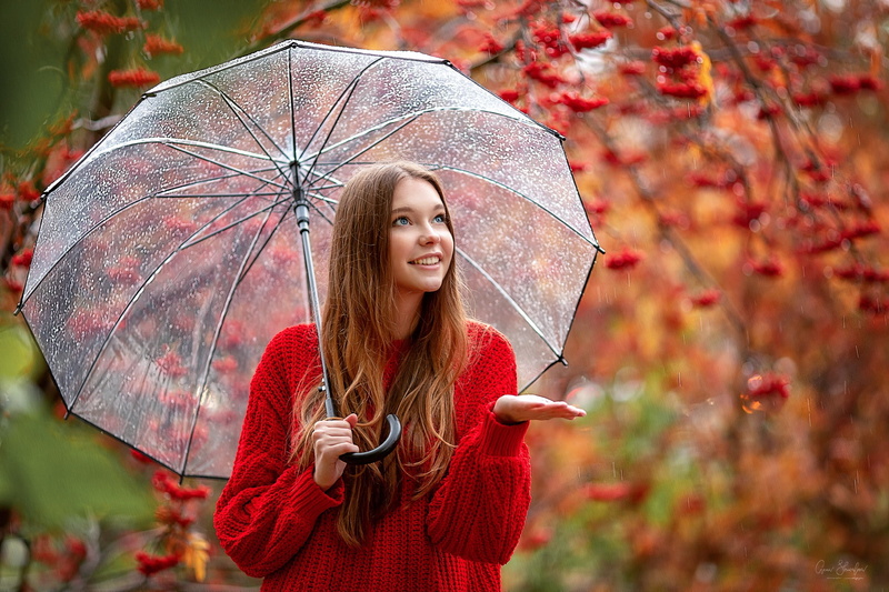 drops, autumn, Girl, Rowan, Christina, smile, rain, 1080P, umbrella, Anna Shuvalova
