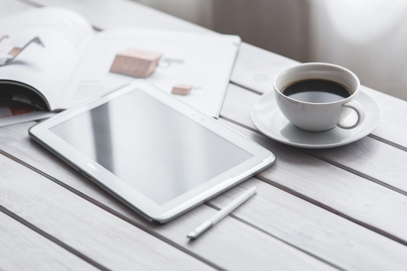 mug, Coffee, newspaper, digital Tablet, cup, communication, drink, pot, crockery, office, computer, indoors, 5K, table, wood - Material, items, refreshment