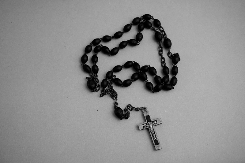 spirituality, bead, copy space, church, creativity, key, freshness, Rosary, Cross, high angle view, Religion, food, Prayer, gray background, table, catholic