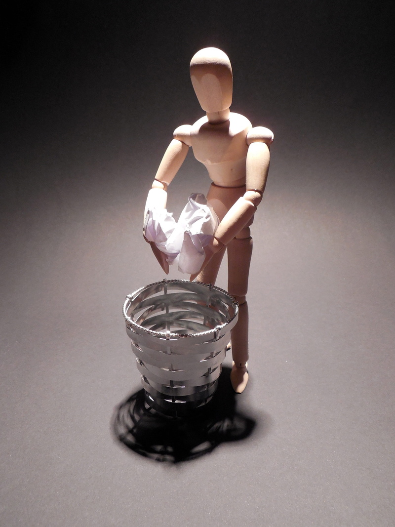 art and craft, waste disposal, delete, male likeness, Garbage, doll, glass - material, 2K, indoors, human representation, waste, throw away, representation