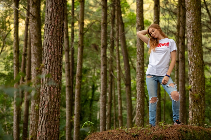 relaxation, recreation, pose, forest, scenery, casual clothing, full length, wear, summer, woodland, leisure, white, trees, near, long hair, plant, happiness