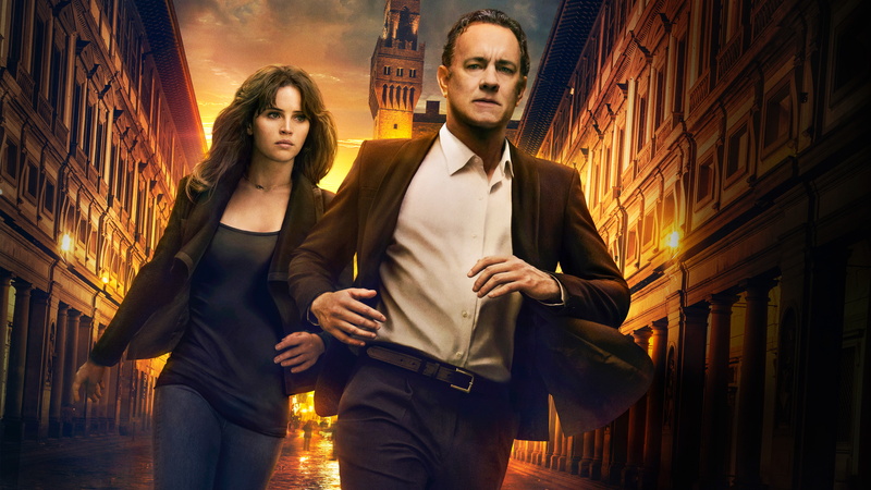 Tom Hanks, jeans, woman, buildings, concrete, Inferno, 5K, man, denim, black, blue, Felicity Jones, gray, suit, running, blazer, 5K