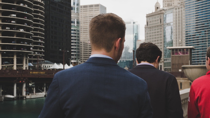 men, blue, business person, walking, business, architecture, 5K, rear view, two, behind, facing, office building exterior, skyscraper, man, daaytime, towards