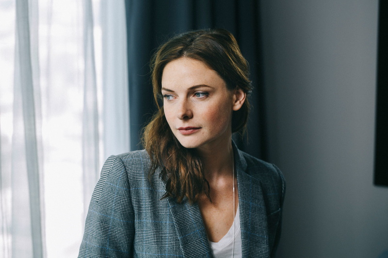 model, headshot, Red eye, Rebecca Ferguson, young adult, beautiful woman, serious, blue, actress, hairstyle, window, brown hair, contemplation, women, blazer