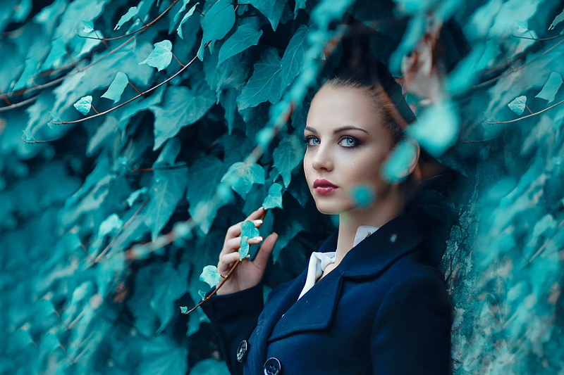 breasted, double, blue, leaves, Alessandro Di Cicco, Surrender to me, blazer, women, girl, 1080P, greens, makeup, s