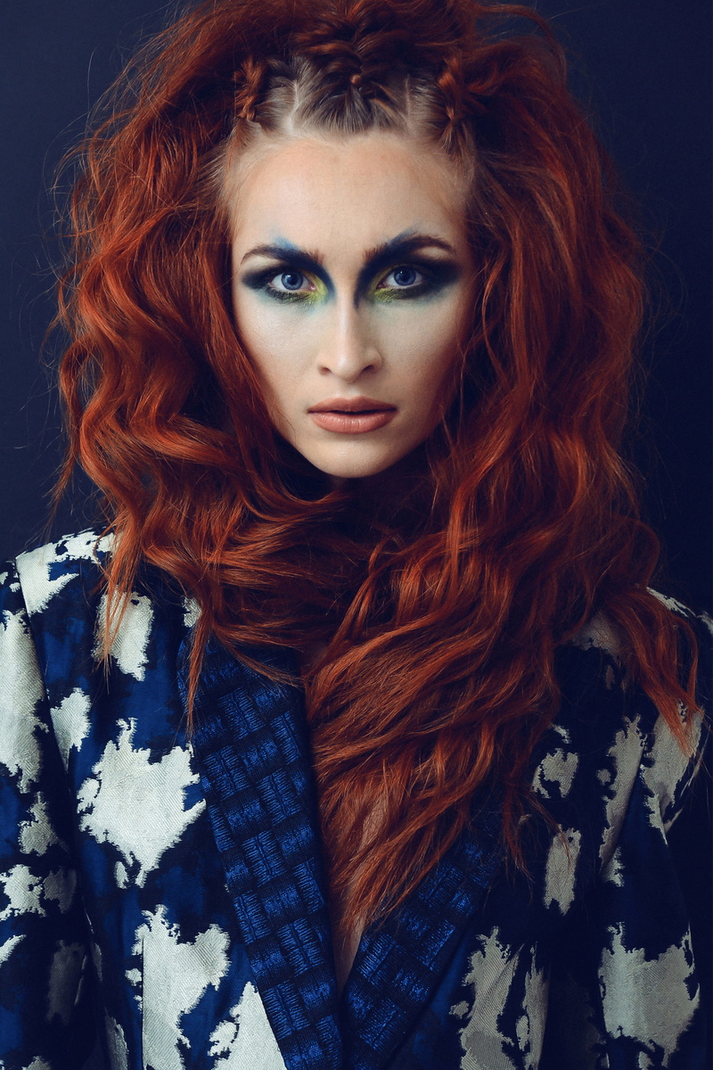 2K, person, blue, beautiful people, adult, style, human face, woman, wearing, girl, one person, coat, hairdo, beauty, studio shot, photoshoot, redhead