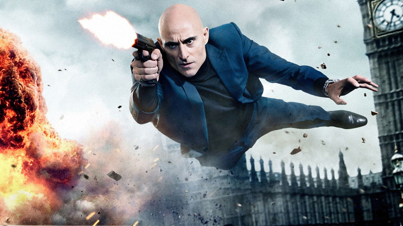 wearing, explosion, pistol, Mark Strong, leaped, hands, 4K, blazer, blue, The Brothers Grimsby, man, Best Movies of 2016