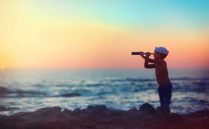 sea, spyglass, sunset, boy, 1080P