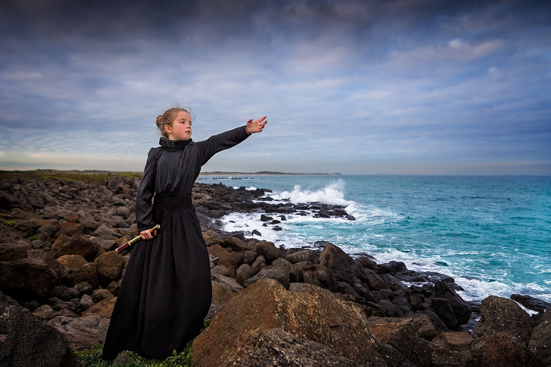 dress, sea, waiting, girl, stones, 1080P, coast, spyglass