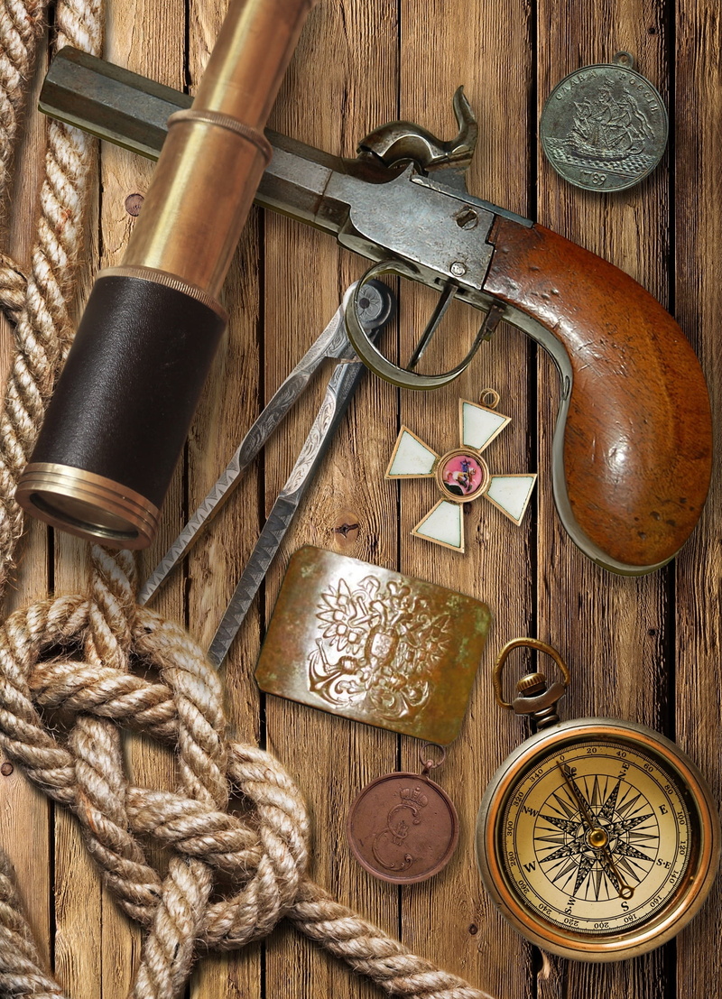 attributes, 18th century, high angle view, deck, rope, design, metal, close-up, no people, flintlock pistol, reward, the past, holy order, large group of objects