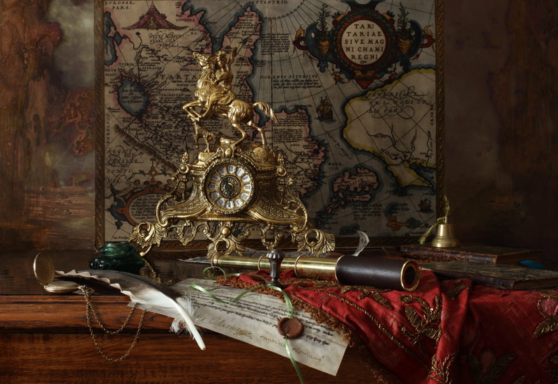 spyglass, ink, rider, watch, bell, still life, 1080P, pen, map