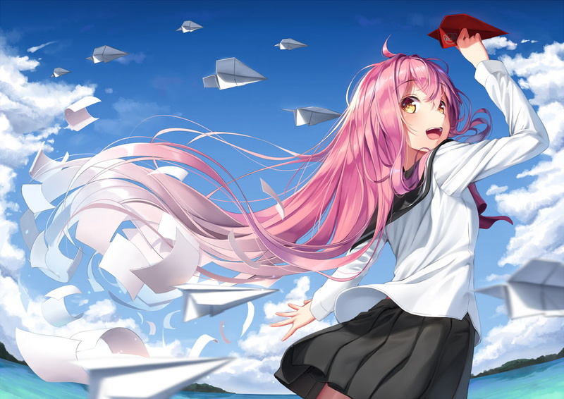 720P, smiling, yellow eyes, long hair, open mouth, sailor uniform, pink hair, anime girls, paper planes