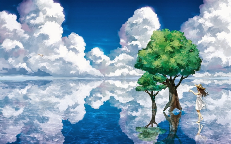 cloud - sky, day, anime girls, tranquil scene, clouds, outdoors, paper planes, idyllic, no people, 1080P, tranquility, anime, non-urban scene, waterfront
