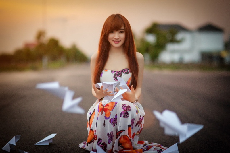 women, brunette, 720P, paper planes, Asian