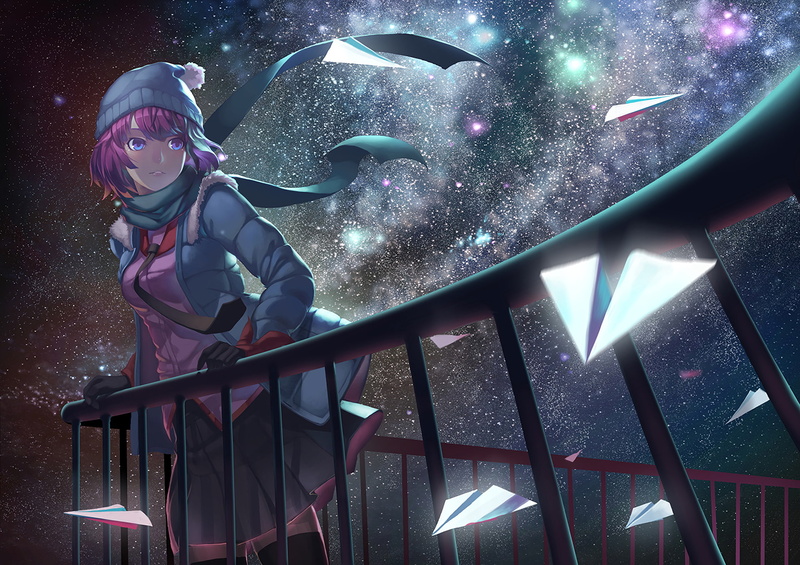 Fence, Purple Hair, Thigh Highs, 1080P, Scarf, Tie, Skirt, Anime, Short Hair, Night, Jacket, Hitagi Senjōgahara, Glove, Monogatari (Series), Stars, Bakemonogatari
